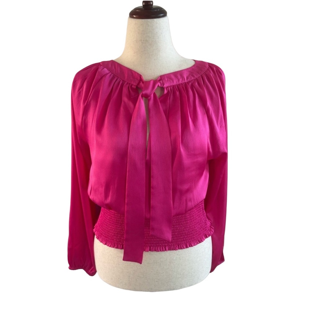 1 State | Hot Pink long Sleeve blouse with smocked waist and tie | Large | NWT